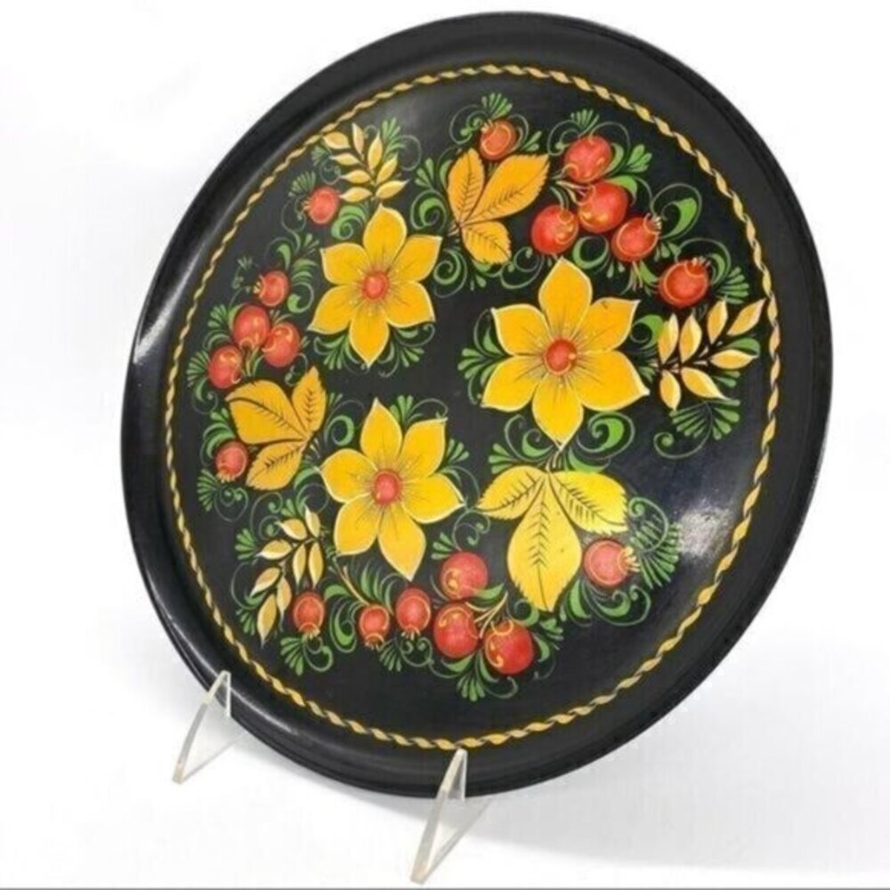 Vintage Russian Lacquerware Hand Painted Red and Gold Floral Plate